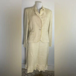 Vintage Yellow Ann Taylor Tweed Blazer High Waist Skirt Suit Size 12 Petite